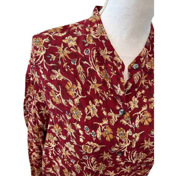 Vintage Anne Klein Maroon Silk Print Long Button Up Top M - Picture 2 of 6
